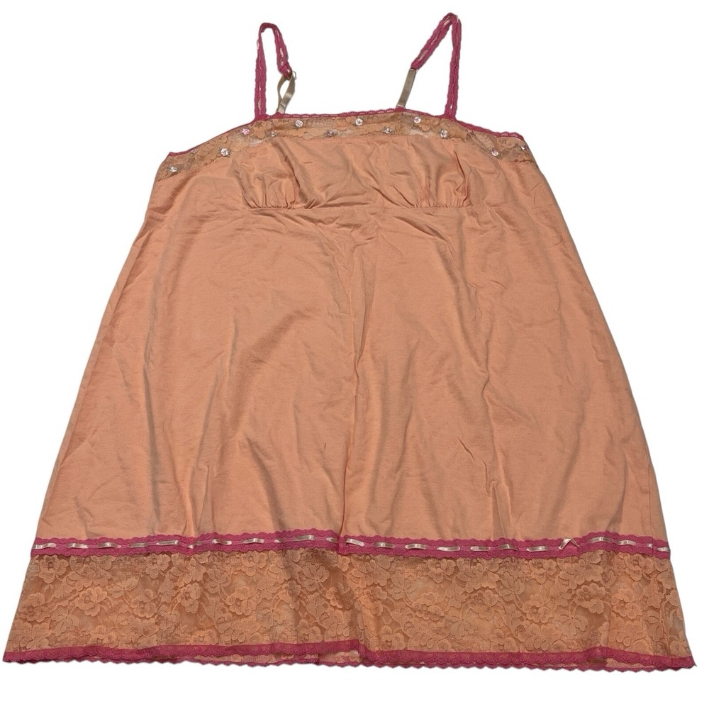 Cacique Y2K Tank Top Women 14/16 Pink Lace Floral Ribbon Babydoll Cami‎ Coquette